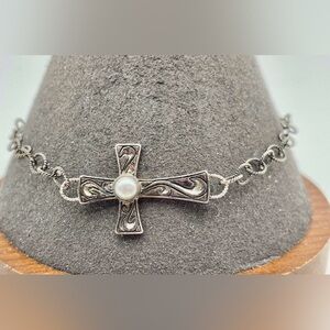 Sara Blaine Ornate Cross With Pearl Accent Sterling Silver Designer